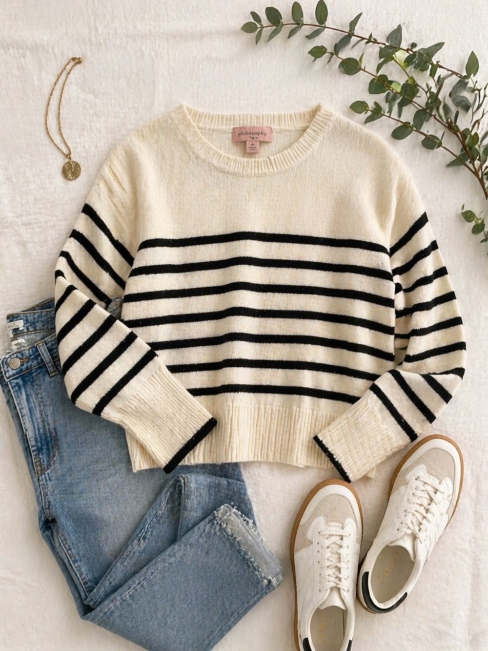 Philosophy Cream and Black Striped Crewneck Sweater
